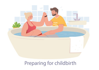 Obraz premium Cheerful husband helps his wife to prepare for childbirth. Women are trying to prepare themselves for childbirth at home at the bath. Flat cartoon vector illustration
