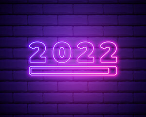 2022 neon signboard. Happy New Year. Realistic pink neon numbers on dark brick wall. Vector 2022 in neon linear style.