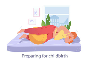 Woman is laying in bed with ball to prepare for childbirth. Concept of women trying to prepare themselves for childbirth at home using a big ball. Flat cartoon vector illustration