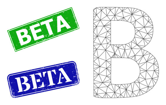 Mesh Beta Greek symbol image, and Beta blue and green rectangular rubber stamps. Mesh carcass illustration is designed with Beta Greek symbol icon. Stamps have Beta tag inside rectangular frame.