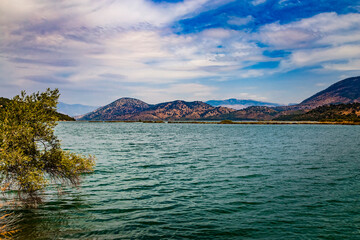 Butrint lake salt lagoon, beautiful summer view from Butrint National Park, the famous UNESCO World Heritage Site in Albania, archeological site in Ksamil not far from Sarande on the south of Albania.