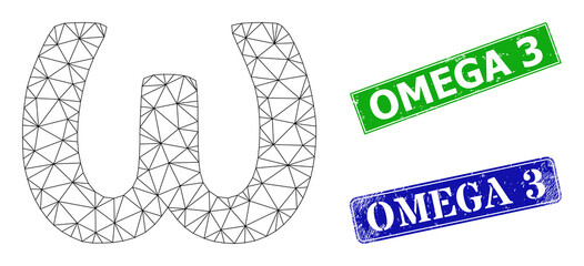 Mesh Omega Greek lowercase symbol model, and Omega 3 blue and green rectangular grunge seals. Mesh wireframe illustration designed with Omega Greek lowercase symbol pictogram.