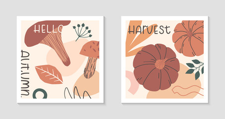 Set of autumn harvest fest abstract decorative prints with pumpkins,organic various shapes and lettering.Modern local food fest design.Agricultural fair.Trendy fall seasonal vector illustrations.