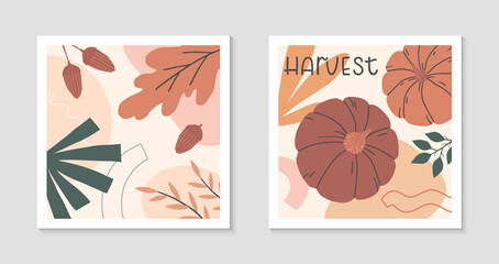 Set of autumn harvest fest abstract decorative prints with pumpkins,organic various shapes and lettering.Modern local food fest design.Agricultural fair.Trendy fall seasonal vector illustrations.