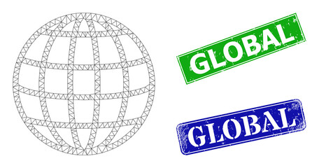 Polygonal global image, and Global blue and green rectangle unclean seals. Mesh carcass image created from global icon. Stamp seals have Global title inside rectangle shape.
