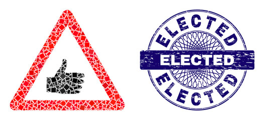 Obraz premium Geometric collage thumb up warning, and Elected unclean watermark. Violet stamp seal includes Elected title inside round shape. Vector thumb up warning collage is constructed from random round,