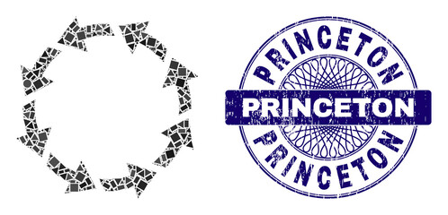 Fototapeta premium Geometric collage rotate ccw, and Princeton rubber seal print. Violet seal has Princeton title inside round form. Vector rotate ccw collage is formed with different spheric, triangle, rectangle items.