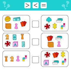 Mathematical puzzle game. Learning mathematics, tasks for addition for preschool children. Count the items and answer more less than or equal.
