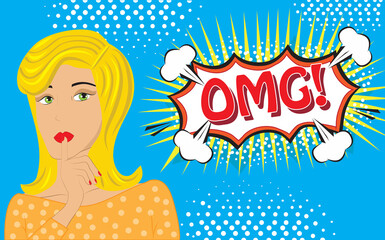OMG! speech bubble and female face close-up on blue background, vector illustration. Invitation poster for party. For ads, invitation cards, marketing, social network, blog and placard