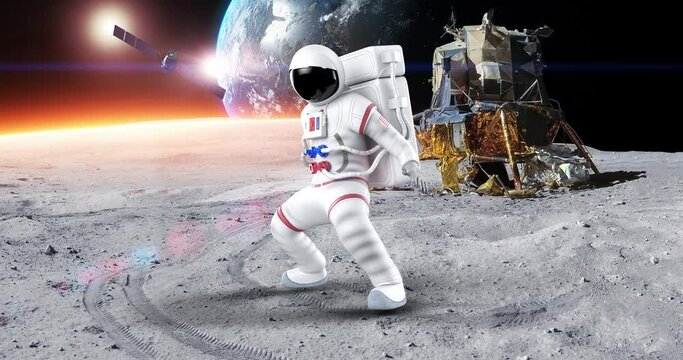 Astronaut Making Karate Moves On Planet Surface. Planet Earth On Background. Space And Technology Related 3D Animation.