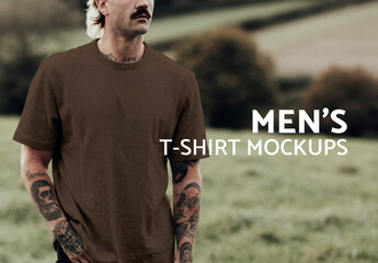 Hipster Man in Brown T-Shirt Mockup