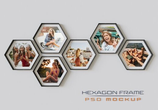 Hexagon Photo Frames Mockup Hanging on Wall