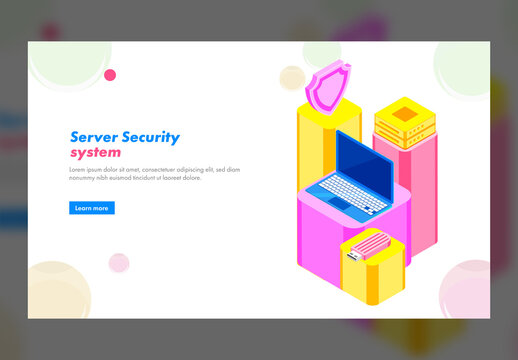 Responsive Landing Page with Isometric Laptop, Usb, Shield, Server in Different Platform for Server Security System Concept