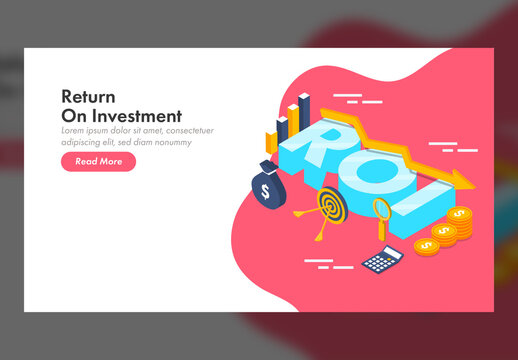 Responsive Landing Page Design, 3D Roi Text with Financial Business Elements on Pink and White Background