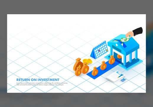 Landing Page Design, Isometric View of Human Invest His Money in Bank for Return on Investment Concept