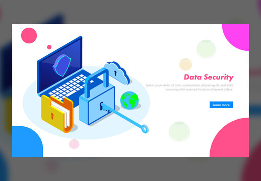 Data Security Landing Page Design with Isometric Laptop, Padlock and File Folder