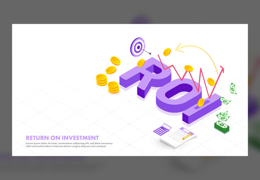 Landing Page Design, 3D Roi Text with Growing Financial Graph on White Grid Background