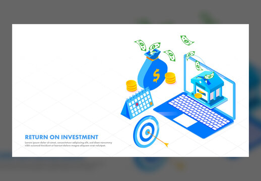 Return on Investment (Roi) Landing Page Design with 3D Online Money Transferring or Saving from Laptop