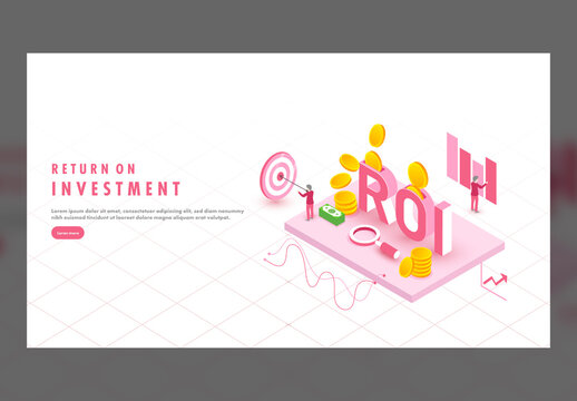 Return on Investment Concept Based Landing Page with 3D Roi Text, Money and Businessmen Character