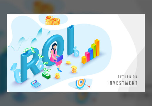 Return on Investment Concept Based Landing Page with Businesswoman Working and 3D Financial Graph