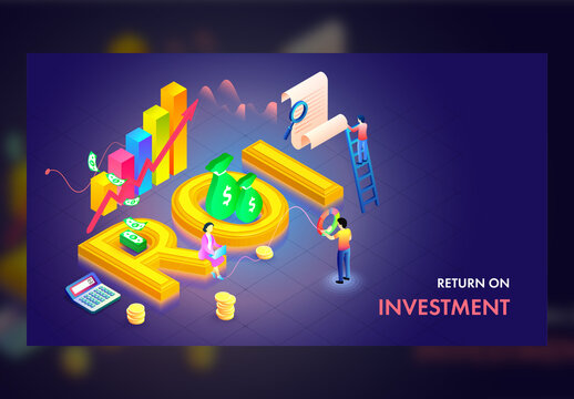 Blue Landing Page Design with 3D Glossy Roi Text, Business People Working and Financial Graph