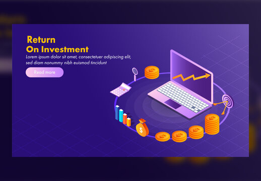 Return on Investment (Roi) Concept Based Landing Page with Isometric Laptop, Coins and Bar Graph