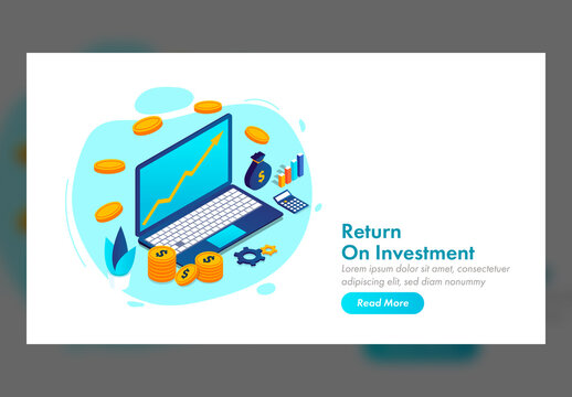 Blue Landing Page Design with Glossy 3D Roi Text, Bank, Financial Graph and Businesswoman Working in Laptop
