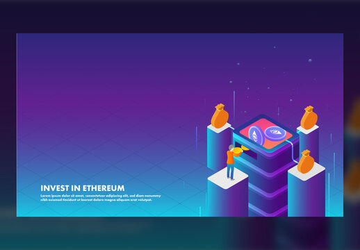Responsive Landing Page Design, Isometric View of Man Invest His Money in Ethereum Platform