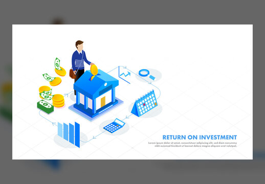 Responsive Landing Page Based Isometric Design, Man Saving His Money in Bank to Return Best Profit for Return on Investment Concept