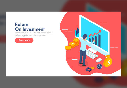 Responsive Landing Page Design, Businessman Working in Desktop with Coins for Return on Investment Concept