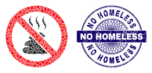 Geometric collage stop shit smell, and No Homeless dirty seal print. Violet stamp seal has No Homeless caption inside round shape. Vector stop shit smell collage is organized with scattered round,
