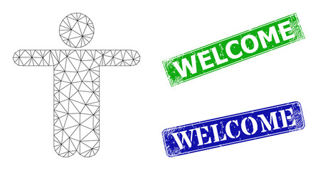 Mesh welcome man model, and Welcome blue and green rectangular textured badges. Mesh carcass illustration designed with welcome man pictogram.