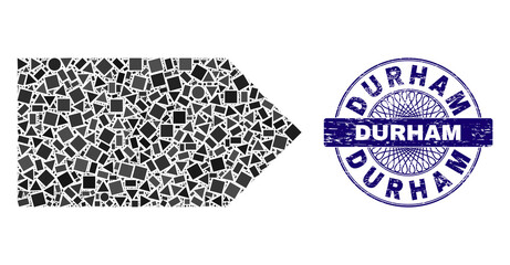 Geometric mosaic direction right, and Durham scratched watermark. Violet stamp seal includes Durham tag inside round form. Vector direction right mosaic is organized of scattered round, triangle,