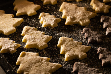 Pre-baked vanilla and chocolate Christmas cookies dusted with flour on the baking sheet	
