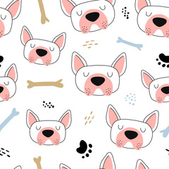 Fototapeta premium Seamless pattern with funny dog faces in hand drawn style. Great for textiles, stickers, cards, poster, wallpaper, wrapping paper. Isolated on white background vector illustration