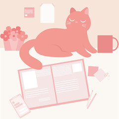 funny cat is lying in the workplace. A table with items for work or study. An open book, a home flower in a pot, a smartphone. Cozy place. Cute vector illustration