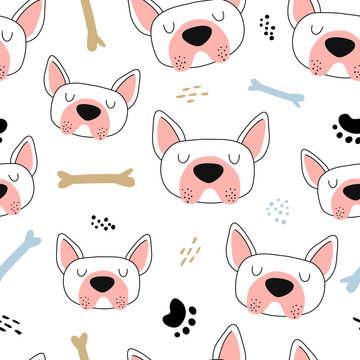 Seamless pattern with funny dog faces in hand drawn style. Great for textiles, stickers, cards, poster, wallpaper, wrapping paper. Isolated on white background vector illustration