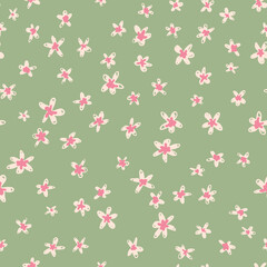 Cute ditsy daisy multicolored seamless repeat pattern. Random placed, vector flowers all over surface print on sage green background.