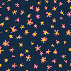 Cute ditsy daisy multicolored seamless repeat pattern. Random placed, vector flowers all over surface print on dark blue background.