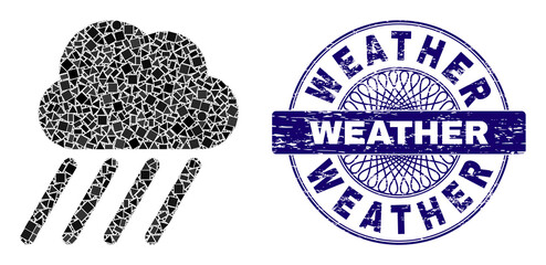 Geometric collage rain cloud, and Weather corroded seal print. Violet stamp seal contains Weather text inside round shape. Vector rain cloud collage is composed of different round, triangle,