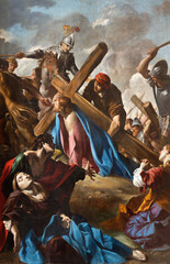 ROME, ITALY - AUGUST 29, 2021: The painting Ascent of Christ to the mount of calvary in the chruch Basilica di San Giovanni Battista dei Fiorentini by Gioivanni Lancranco (1621-1624).