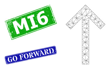 Net up arrow image, and MI6 blue and green rectangle grunge seal imitations. Polygonal wireframe image designed with up arrow icon. Stamps contain MI6 caption inside rectangle shape.
