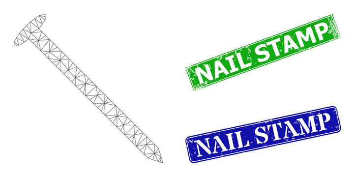 Net steel nail image, and Nail Stamp blue and green rectangle dirty seals. Polygonal wireframe image designed with steel nail icon. Seals have Nail Stamp tag inside rectangle shape.