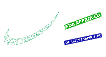 Network tick mark image, and FDA Approved blue and green rectangle rubber seal imitations. Polygonal wireframe image based on tick mark pictogram. Seals have FDA Approved title inside rectangle form.