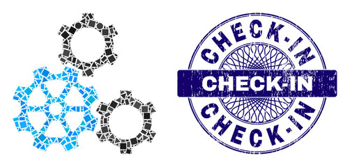 Obraz premium Geometric collage gears, and Check-In scratched seal imitation. Violet seal has Check-In title inside circle shape. Vector gears mosaic is constructed with scattered circle, triangle, square dots.