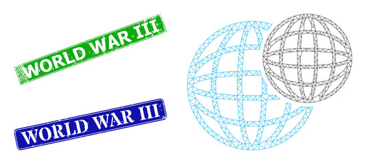 Polygonal spheric balls model, and World War Iii blue and green rectangle scratched seal prints. Polygonal wireframe image is based on spheric balls pictogram.