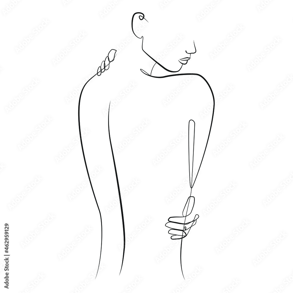 Poster naked woman standing back one line drawing on white isolated background. vector illustration - Posters