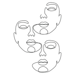 Composition of abstract female faces one line art on white isolated background. Vector illustration