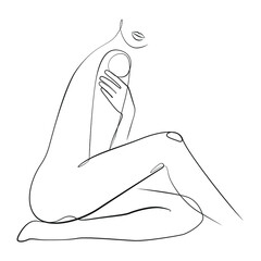 Side view of a young nude woman one line drawing on white isolated background. Vector illustration 