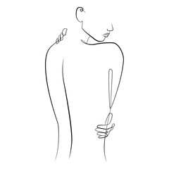Naked woman standing back one line drawing on white isolated background. Vector illustration